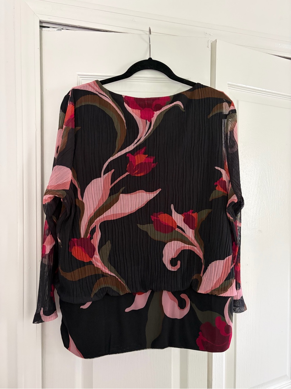 Chico's Black Blouse with Pink & Red Floral Print size 3